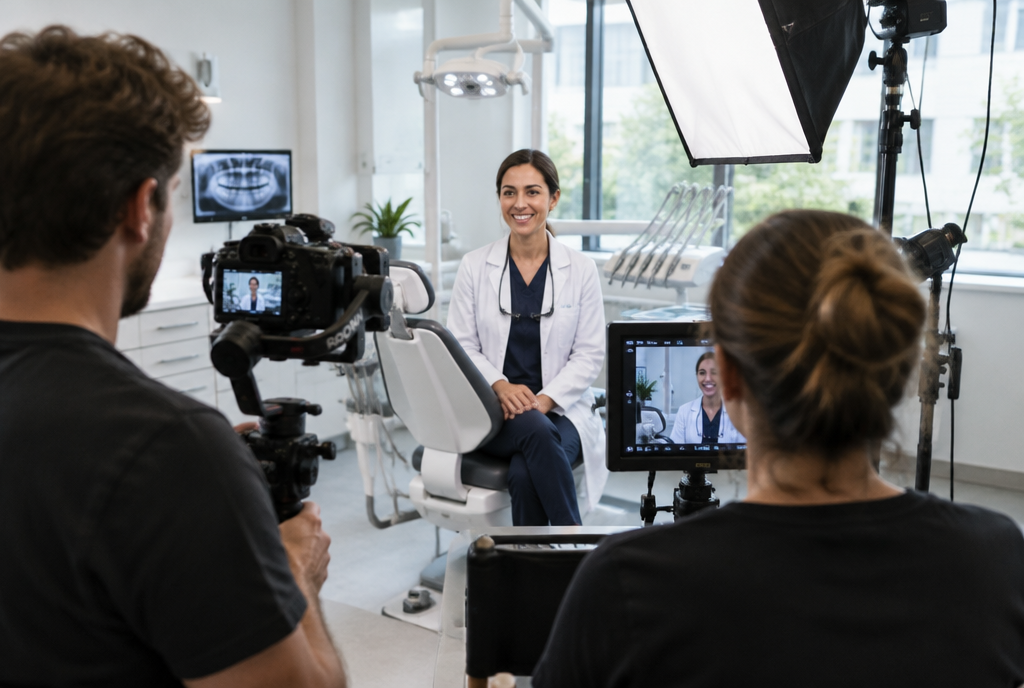 Film crew recording a dentist at a practice
